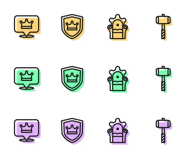 Set Line Medieval Throne King Crown Shield Battle Hammer Icon — Stockový vektor