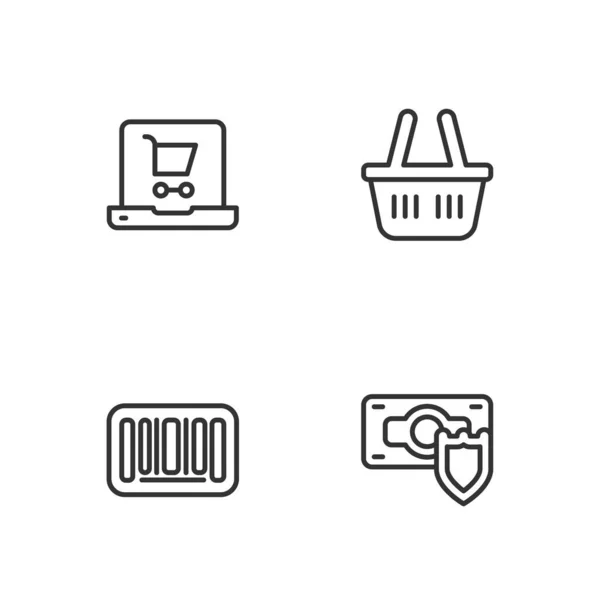 Set Line Money Shield Barcode Shopping Cart Screen Laptop Basket — 图库矢量图片