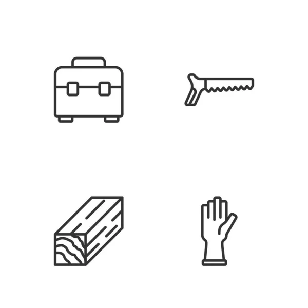 Set Line Protective Gloves Wooden Beam Toolbox Hand Saw Icon — 스톡 벡터