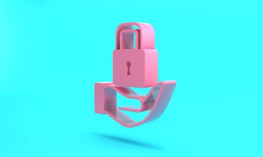 Pink Lock icon isolated on turquoise blue background. Padlock sign. Security, safety, protection, privacy concept. Minimalism concept. 3D render illustration.