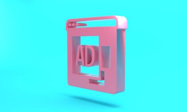 Pink Advertising icon isolated on turquoise blue background. Concept of marketing and promotion process. Responsive ads. Social media advertising. Minimalism concept. 3D render illustration.