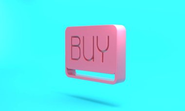 Pink Buy button icon isolated on turquoise blue background. Financial and stock investment market concept. Minimalism concept. 3D render illustration.