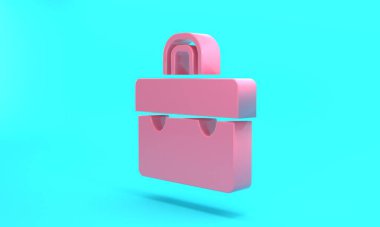 Pink Briefcase icon isolated on turquoise blue background. Business case sign. Business portfolio. Minimalism concept. 3D render illustration.