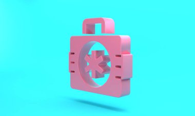 Pink First aid kit icon isolated on turquoise blue background. Medical box with cross. Medical equipment for emergency. Healthcare concept. Minimalism concept. 3D render illustration.