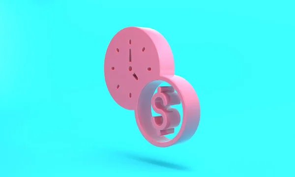 Pink Time is money icon isolated on turquoise blue background. Money is time. Effective time management. Convert time to money. Minimalism concept. 3D render illustration.