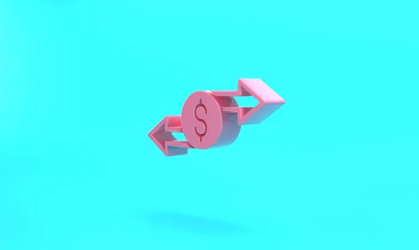 Pink Money exchange icon isolated on turquoise blue background. Cash transfer symbol. Banking currency sign. Minimalism concept. 3D render illustration.