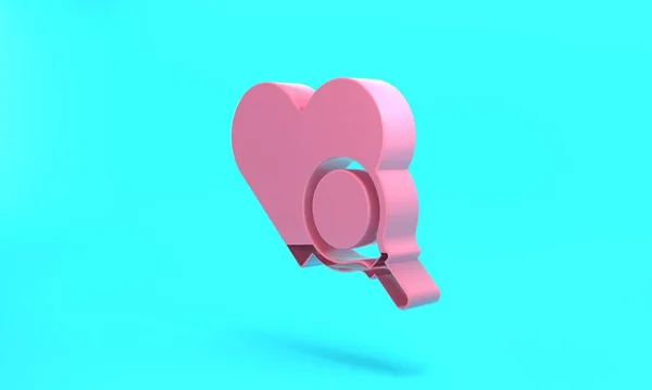 Pink Medical heart inspection icon isolated on turquoise blue background. Heart magnifier search. Minimalism concept. 3D render illustration.