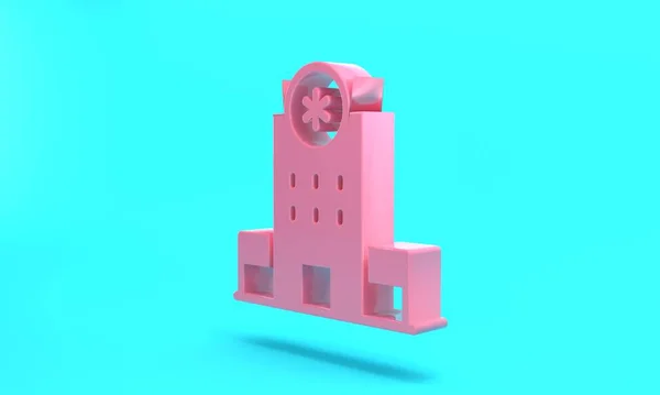 Pink Medical hospital building with cross icon isolated on turquoise blue background. Medical center. Health care. Minimalism concept. 3D render illustration.