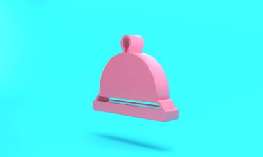 Pink Covered with a tray of food icon isolated on turquoise blue background. Tray and lid sign. Restaurant cloche with lid. Minimalism concept. 3D render illustration.