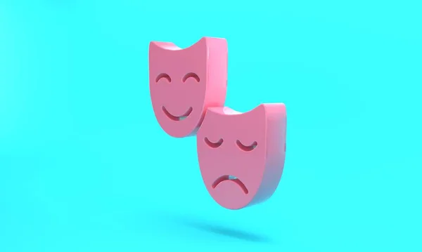 Pink Comedy and tragedy theatrical masks icon isolated on turquoise blue background. Minimalism concept. 3D render illustration.