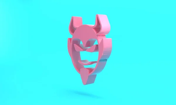 Pink Devil head icon isolated on turquoise blue background. Happy Halloween party. Minimalism concept. 3D render illustration.