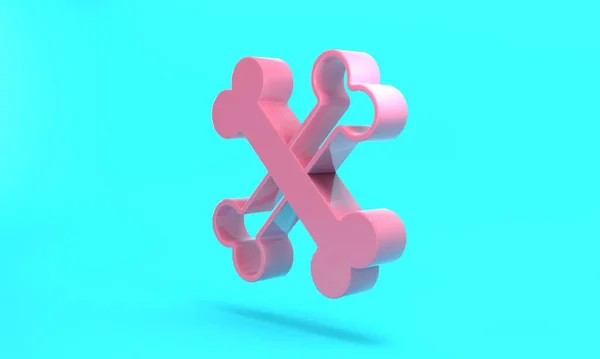 Pink Crossed bones icon isolated on turquoise blue background. Pets food symbol. Happy Halloween party. Minimalism concept. 3D render illustration.
