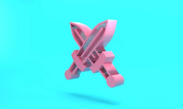 Pink Crossed medieval sword icon isolated on turquoise blue background. Medieval weapon. Minimalism concept. 3D render illustration.