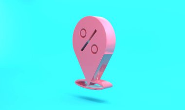 Pink Location with percent discount icon isolated on turquoise blue background. Money location icon. Business and investment concept. Minimalism concept. 3D render illustration.