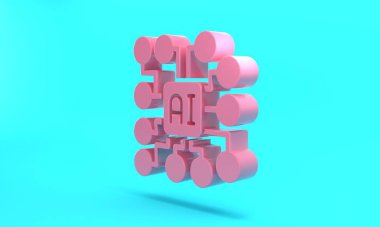 Pink Neural network icon isolated on turquoise blue background. Artificial intelligence AI. Minimalism concept. 3D render illustration.