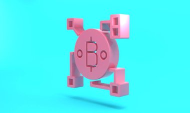 Pink Blockchain technology Bitcoin icon isolated on turquoise blue background. Abstract geometric block chain network technology business. Minimalism concept. 3D render illustration.