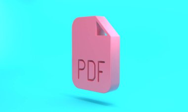 Pink PDF file document. Download pdf button icon isolated on turquoise blue background. PDF file symbol. Minimalism concept. 3D render illustration.