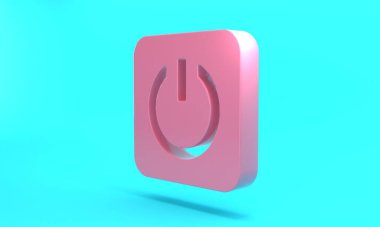 Pink Power button icon isolated on turquoise blue background. Start sign. Minimalism concept. 3D render illustration.