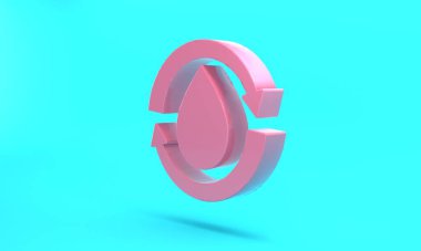 Pink Recycle clean aqua icon isolated on turquoise blue background. Drop of water with sign recycling. Minimalism concept. 3D render illustration.