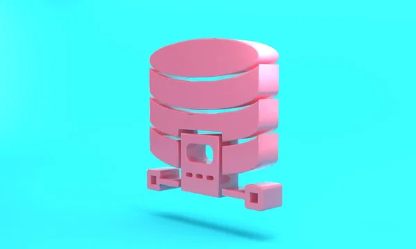 Pink Cloud database icon isolated on turquoise blue background. Cloud computing concept. Digital service or app with data transferring. Minimalism concept. 3D render illustration.