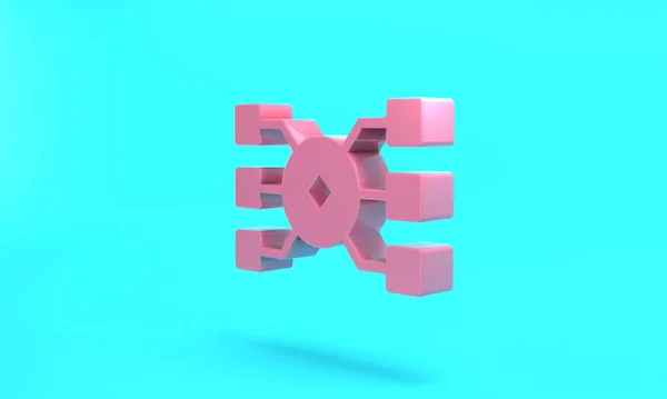 Pink Neural network icon isolated on turquoise blue background. Artificial intelligence AI. Minimalism concept. 3D render illustration.