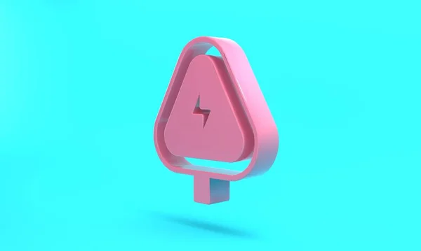 Pink High voltage sign icon isolated on turquoise blue background. Danger symbol. Arrow in triangle. Warning icon. Minimalism concept. 3D render illustration.