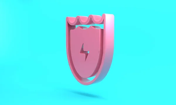 Pink Lightning and shield icon isolated on turquoise blue background. High voltage shield. Safe energy. Minimalism concept. 3D render illustration.