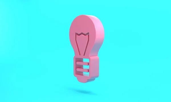 Pink Creative lamp light idea icon isolated on turquoise blue background. Concept ideas inspiration, invention, effective thinking, knowledge and education. Minimalism concept. 3D render illustration.