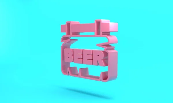 Pink Street signboard with inscription Beer icon isolated on turquoise blue background. Suitable for advertisements bar, cafe, pub, restaurant. Minimalism concept. 3D render illustration.