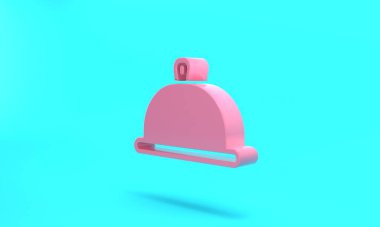 Pink Covered with a tray of food icon isolated on turquoise blue background. Tray and lid sign. Restaurant cloche with lid. Minimalism concept. 3D render illustration.