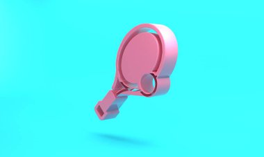 Pink Tennis racket with ball icon isolated on turquoise blue background. Sport equipment. Minimalism concept. 3D render illustration.