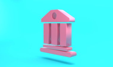 Pink Bank building icon isolated on turquoise blue background. Minimalism concept. 3D render illustration.