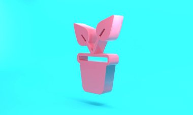 Pink Plant in pot icon isolated on turquoise blue background. Plant growing in a pot. Potted plant sign. Minimalism concept. 3D render illustration.