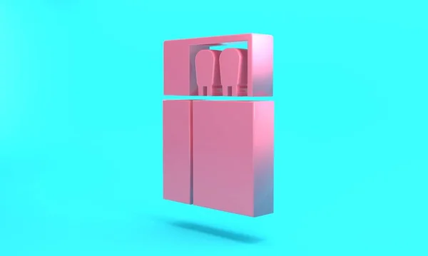 Pink Open matchbox and matches icon isolated on turquoise blue background. Minimalism concept. 3D render illustration.