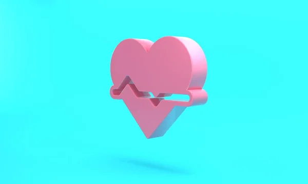 Pink Heart rate icon isolated on turquoise blue background. Heartbeat sign. Heart pulse icon. Cardiogram icon. Minimalism concept. 3D render illustration.