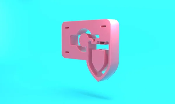 Pink Money with shield icon isolated on turquoise blue background. Insurance concept. Security, safety, protection, protect concept. Minimalism concept. 3D render illustration.