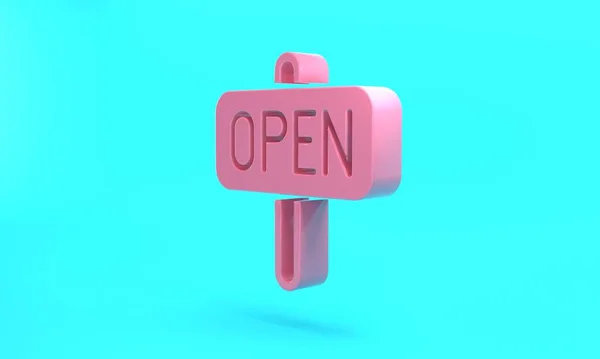 Pink Hanging sign with text Open door icon isolated on turquoise blue background. Minimalism concept. 3D render illustration.