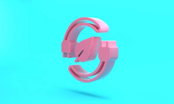 Pink Electric saving plug in leaf icon isolated on turquoise blue background. Save energy electricity. Environmental protection. Bio energy. Minimalism concept. 3D render illustration.