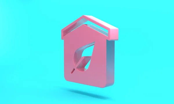 Pink Eco friendly house icon isolated on turquoise blue background. Eco house with leaf. Minimalism concept. 3D render illustration.