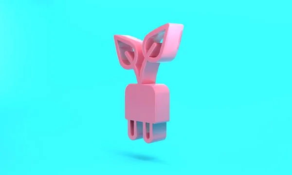 Pink Electric saving plug in leaf icon isolated on turquoise blue background. Save energy electricity. Environmental protection. Bio energy. Minimalism concept. 3D render illustration.