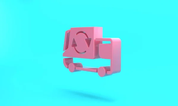 Pink Garbage truck icon isolated on turquoise blue background. Minimalism concept. 3D render illustration.