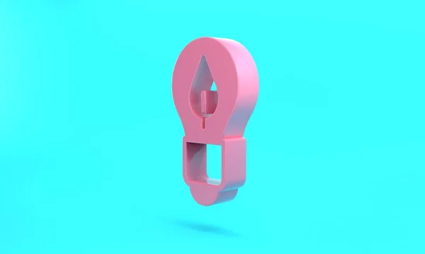 Pink Light bulb with leaf icon isolated on turquoise blue background. Eco energy concept. Alternative energy concept. Minimalism concept. 3D render illustration.