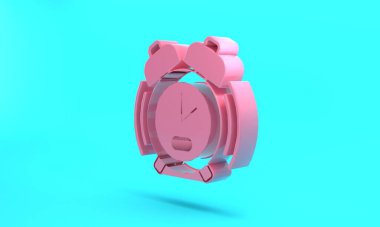 Pink Alarm clock icon isolated on turquoise blue background. Wake up, get up concept. Time sign. Minimalism concept. 3D render illustration.