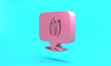 Pink Location pin with leaf inside icon isolated on turquoise blue background. Leaves sign. Fresh natural product symbol. Minimalism concept. 3D render illustration.