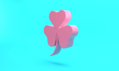Pink Clover trefoil leaf icon isolated on turquoise blue background. Happy Saint Patricks day. National Irish holiday. Minimalism concept. 3D render illustration.
