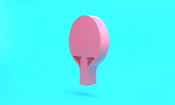 Pink Racket for playing table tennis icon isolated on turquoise blue background. Minimalism concept. 3D render illustration.