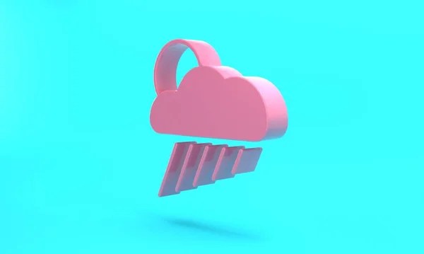 Pink Cloud with rain and sun icon isolated on turquoise blue background. Rain cloud precipitation with rain drops. Minimalism concept. 3D render illustration.