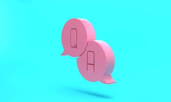 Pink Speech bubbles with Question and Answer icon isolated on turquoise blue background. Q and A symbol. FAQ sign. Chat speech bubble and chart. Minimalism concept. 3D render illustration.