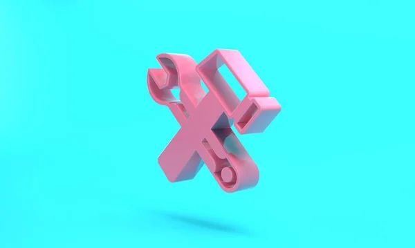 Pink Crossed hammer and wrench spanner icon isolated on turquoise blue background. Hardware tools. Minimalism concept. 3D render illustration.