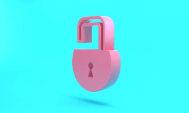 Pink Open padlock icon isolated on turquoise blue background. Opened lock sign. Cyber security concept. Digital data protection. Minimalism concept. 3D render illustration.